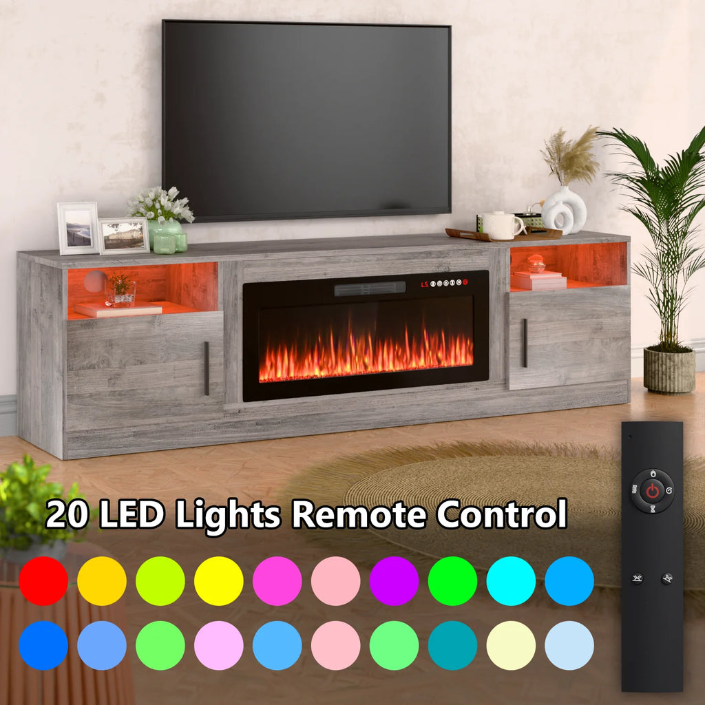 Meuble TV avec cheminée Waleaf avec cheminée électrique de 36 pouces pour téléviseurs jusqu’à 80 pouces, console multimédia moderne en bois avec meuble éclairé, blanc