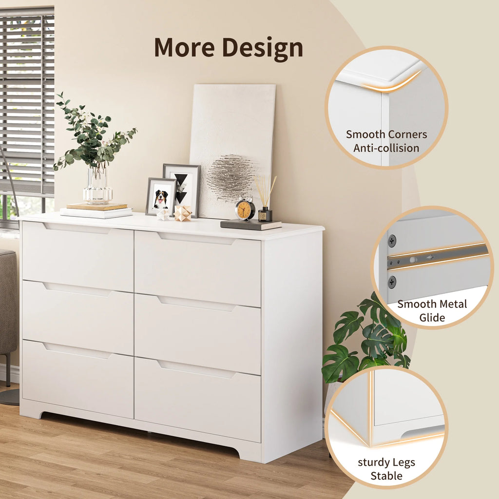 Commode pour chambre, commode double Lofka à 6 tiroirs avec poignées découpées, grande capacité de rangement, dispositif anti-basculement, commode moderne en bois, glissières métalliques fluides, blanc