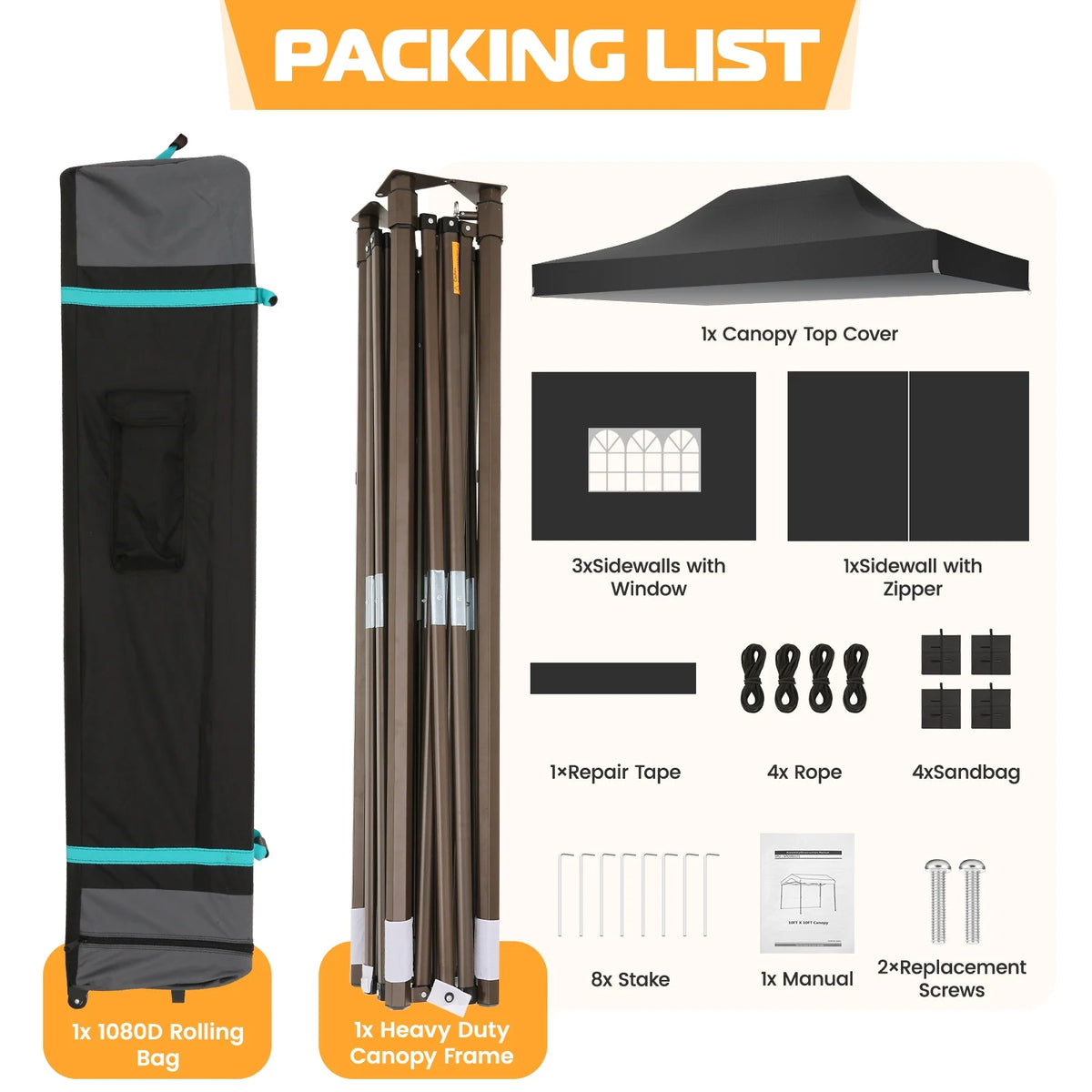 COBIZI Tonnelle escamotable 3x4,5m robuste avec parois latérales, tonnelle escamotable commerciale facile pour fêtes, mariages, toutes saisons, étanche UV 50+ avec sac à roulettes (pieds améliorés), noir