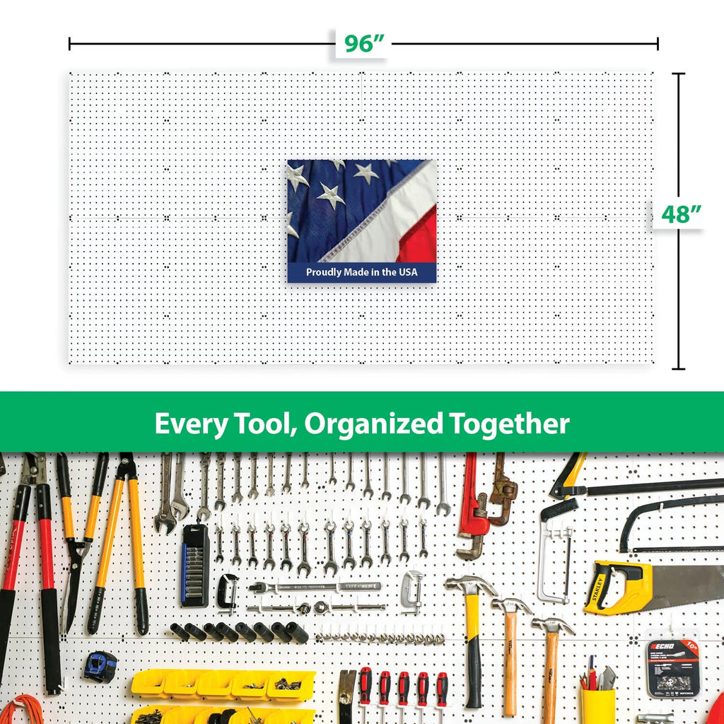 Kit d’organisateur mural à trous WallPeg - (96x32) Panneaux perforés noirs, étagères, bacs, crochets à ergots verrouillables - Rangement de garage pour outils, loisirs créatifs, établi - Fabriqué aux États-Unis