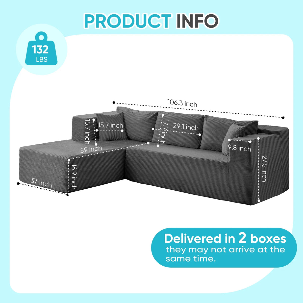 Canapé d’angle ZAFLY 106 Cloud avec méridienne, sans assemblage, canapé-lit en L, canapé modulable surdimensionné à assise profonde pour salon – droite, noir