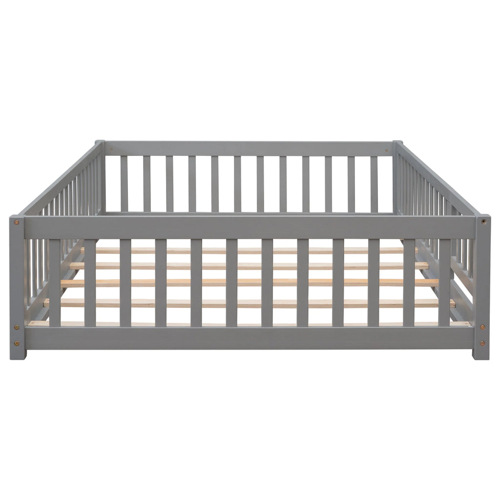 uhomepro Cadre de lit au sol en bois 2 places avec barrière et porte pour enfants et tout-petits, Gris