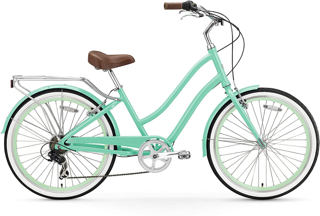 sixthreezero Every Journey Vélo hybride 7 vitesses en acier pour femme avec porte-bagages arrière, roues de 26 pouces, vert menthe