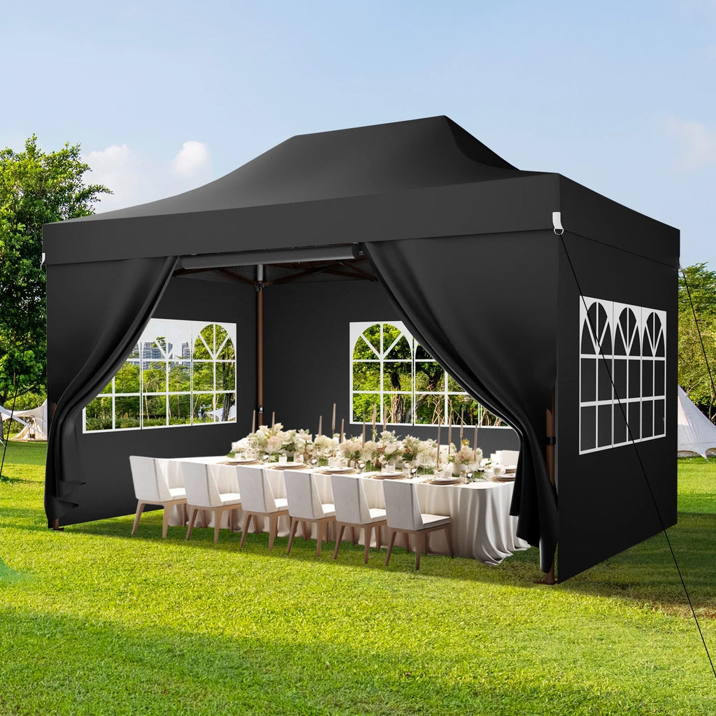 COBIZI Tonnelle escamotable 3x4,5m robuste avec parois latérales, tonnelle escamotable commerciale facile pour fêtes, mariages, toutes saisons, étanche UV 50+ avec sac à roulettes (pieds améliorés), noir