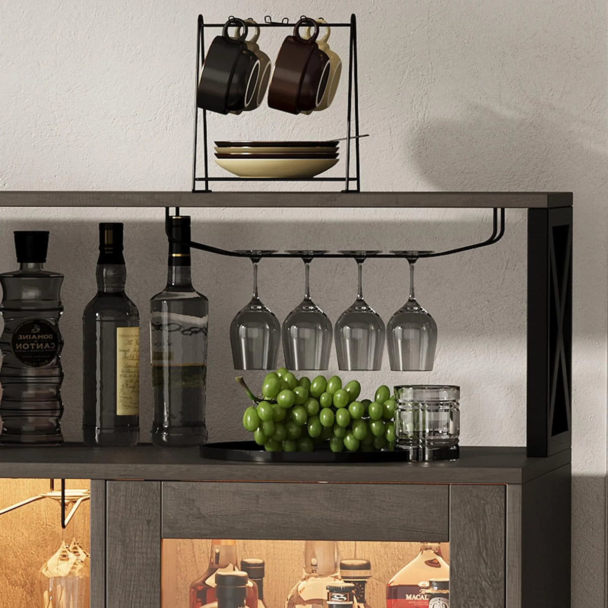 Meuble bar avec étagères de rangement, meuble bar à café avec éclairage LED, meuble à spiritueux avec casier à vin et porte-gobelets, buffet de cuisine pour la maison, la cuisine et la salle à manger