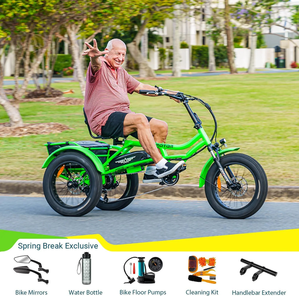 Tricycle électrique semi-allongé Addmotor M-360II, 85 mi, vélo électrique à 3 roues avec pneus larges pour adultes, tricycle électrique 750 W 48 V 20 Ah pour seniors, 20 pouces, avec différentiel de vitesse, vert