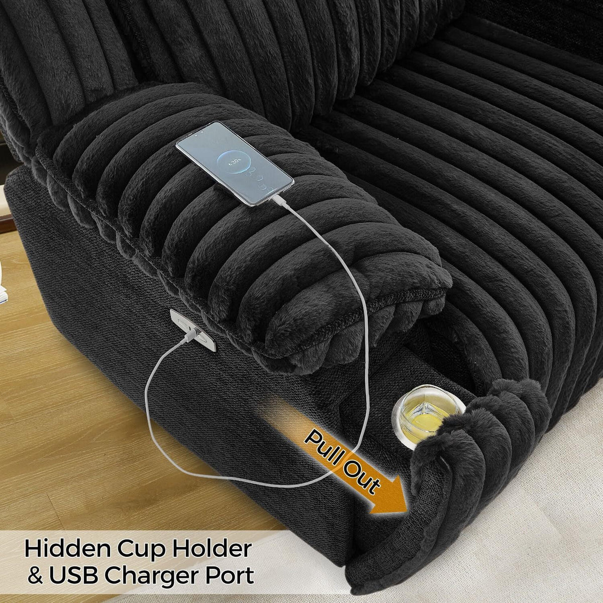 Canapé d’angle inclinable électrique avec chargeur sans fil, 6 places en fausse fourrure avec fauteuils inclinables, porte-gobelets dissimulés, console de rangement, ports USB et Type-C, noir
