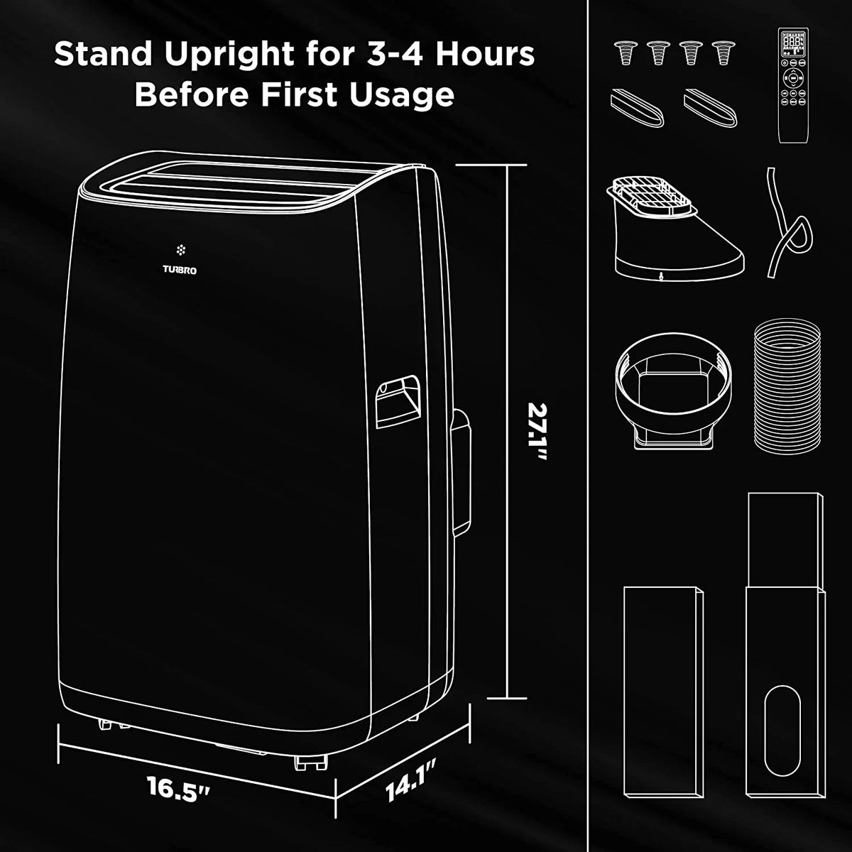 Climatiseur portable intelligent Wi-Fi TURBRO 14 000 BTU, refroidissement puissant jusqu’à 600 pi², 3 fonctions en 1 avec télécommande rétroéclairée, compatible avec la commande vocale Alexa, installation facile, série Greenland, noir