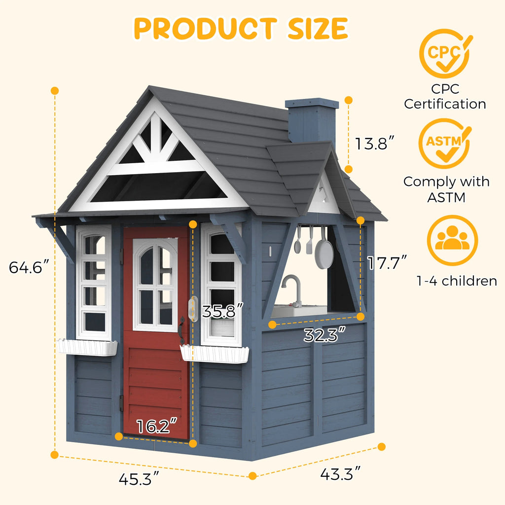 COCLUB Maison de jeu d’extérieur pour enfants de 4 à 8 ans, maison en bois avec sonnette, téléphone et jouets de cuisine, équipement de jeu extérieur pour enfants, maison pour filles (45L x 65H), blanc et noir
