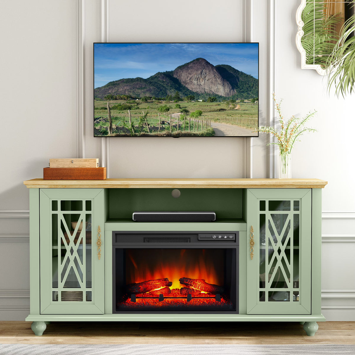 Meuble TV FESTIVO Elegant 61 avec cheminée - Vert