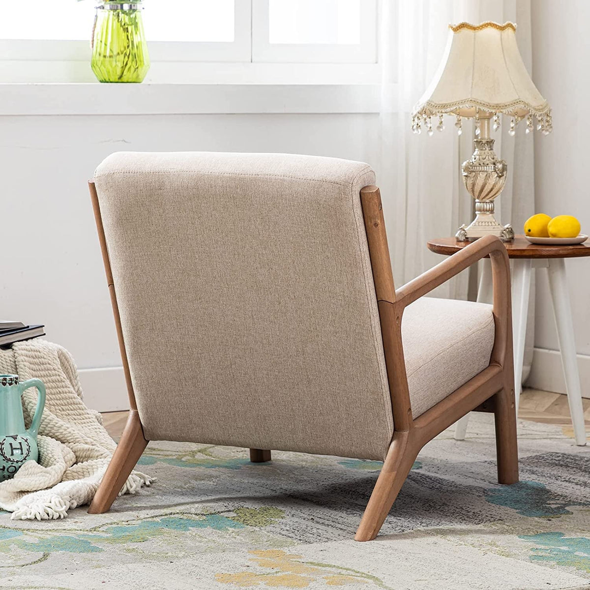 Fauteuil d'appoint Bonzy Home de style moderne du milieu du siècle, fauteuil de lecture individuel en tissu avec structure en bois massif, fauteuils à montage facile pour salon, beige