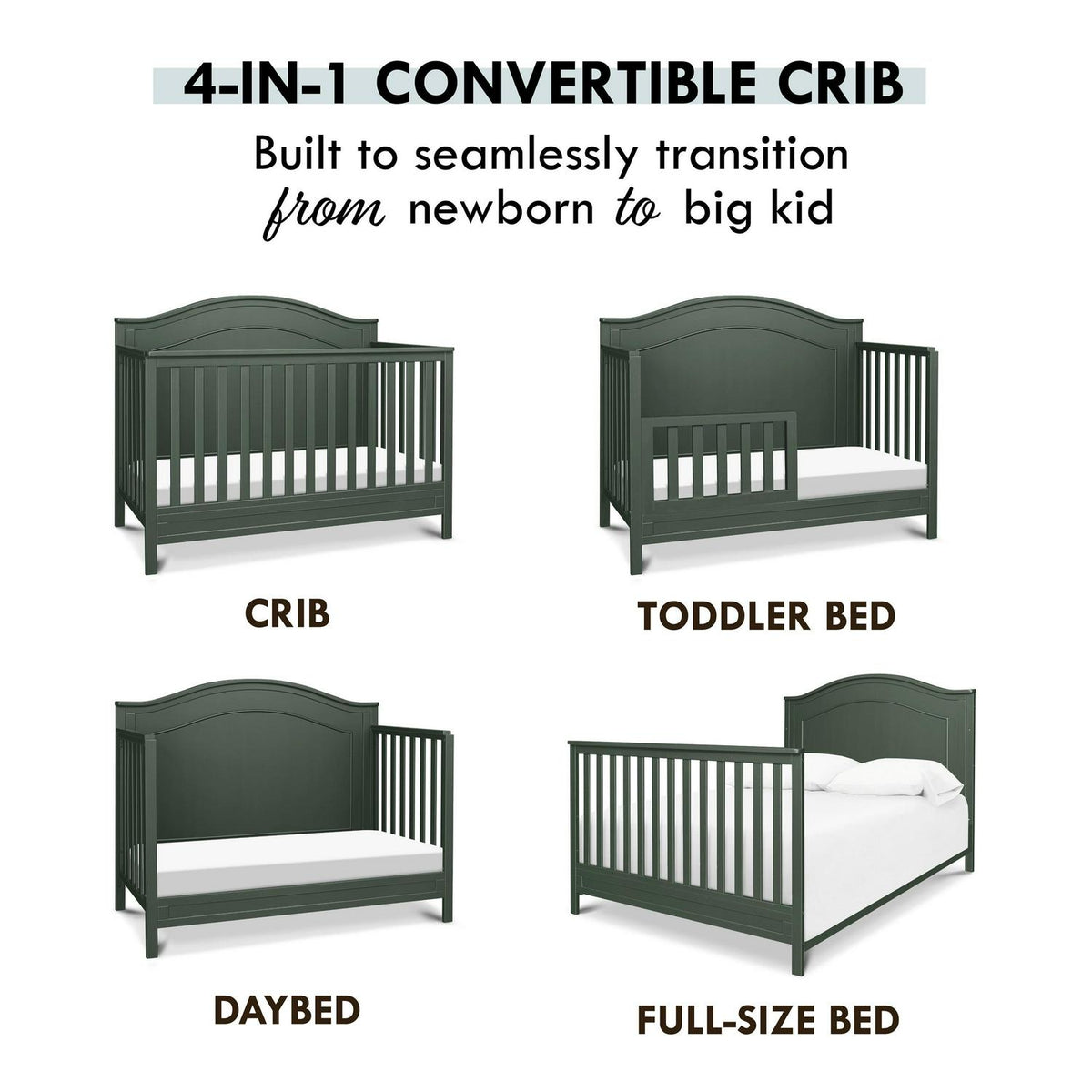 Lit convertible 4-en-1 DaVinci Charlie. Certifié Greenguard Gold. Vert forêt