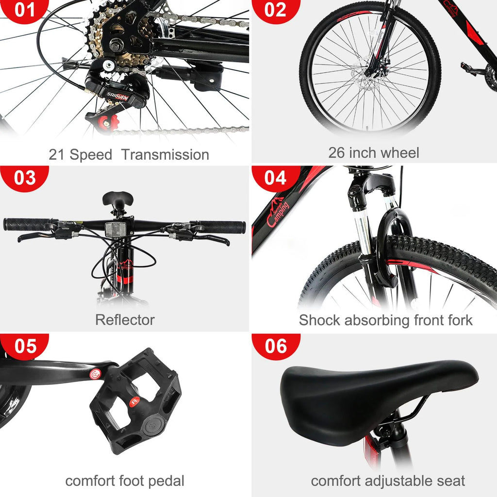 Vélo VTT léger UBesGoo 26 Explorer, 21 vitesses pour homme et femme, freins à disque et suspension, rouge/noir