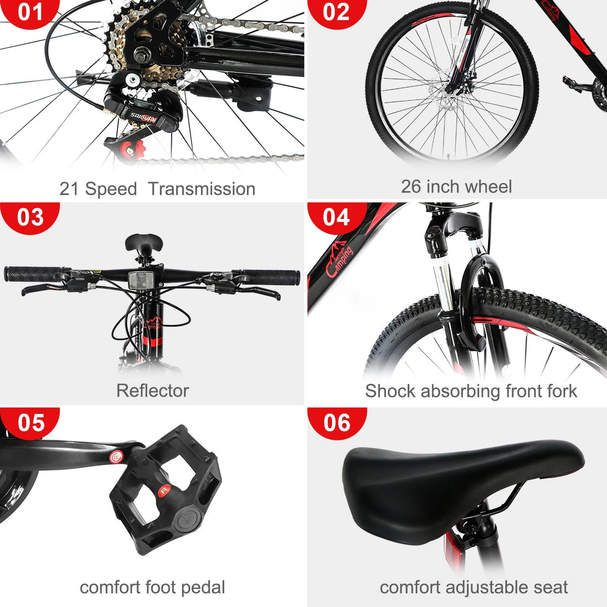 Vélo VTT léger UBesGoo 26 Explorer, 21 vitesses pour homme et femme, freins à disque et suspension, rouge/noir