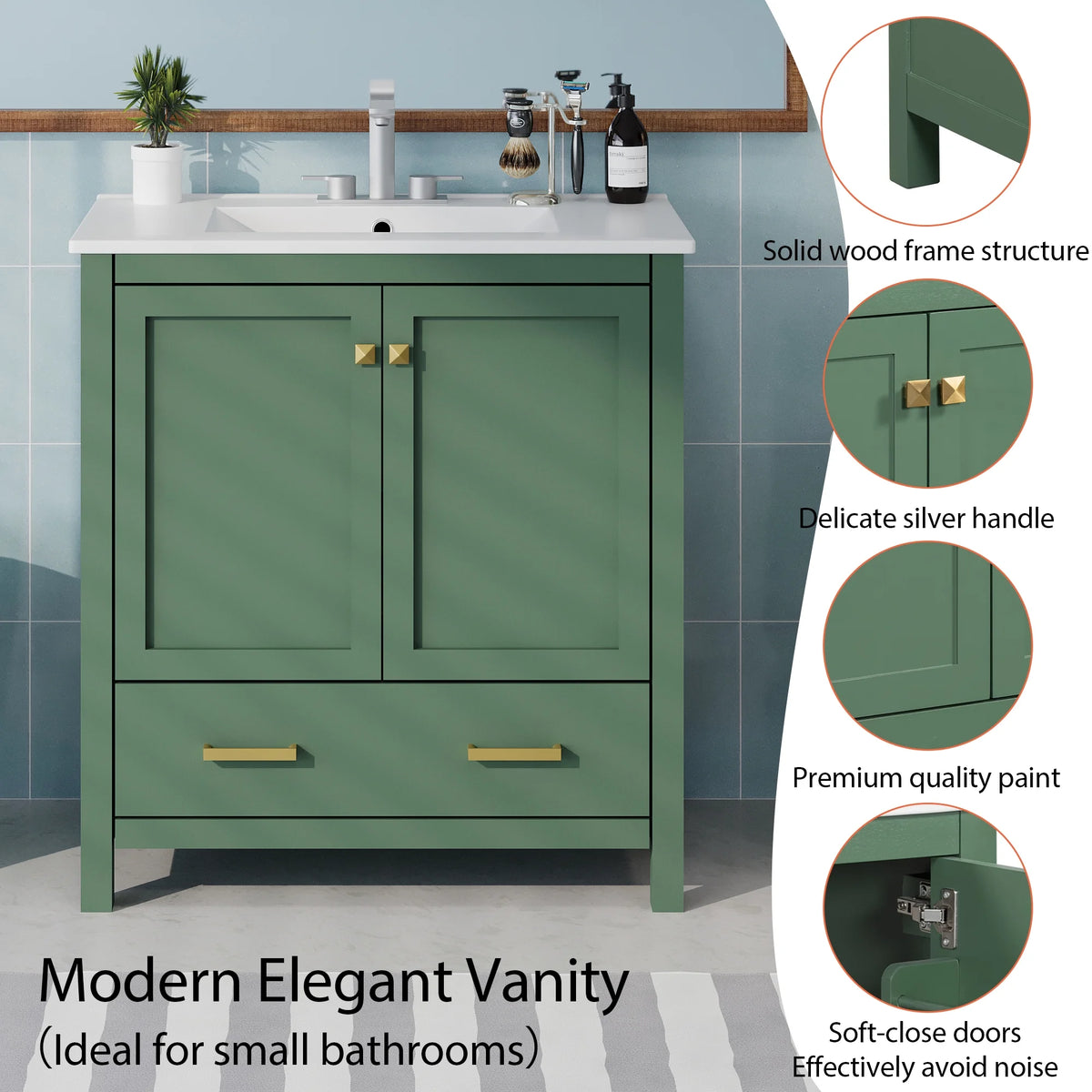 Meuble-lavabo de salle de bains Harper & Bright Designs 30 avec lavabo, armoire de salle de bains avec plateau en céramique, portes et tiroir de rangement multifonctionnels, vert