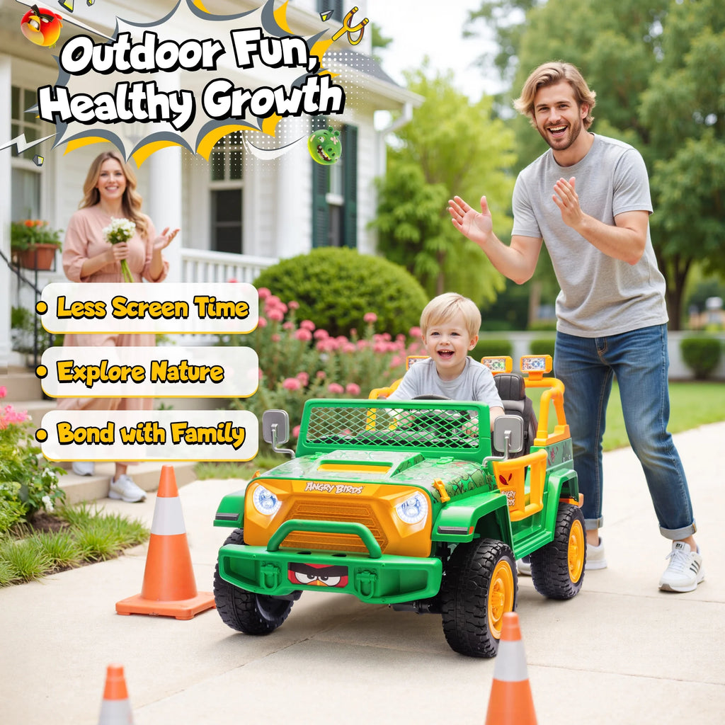 Jouets électriques Joyracer 24 volts pour grands enfants, camion sous licence Angry Birds avec télécommande, véhicule électrique 4x4 à 2 places avec pelle, Bluetooth, lumières, roues de voiture électrique, pour enfants de 3 à 8 ans, jusqu’à 59 kg, vert