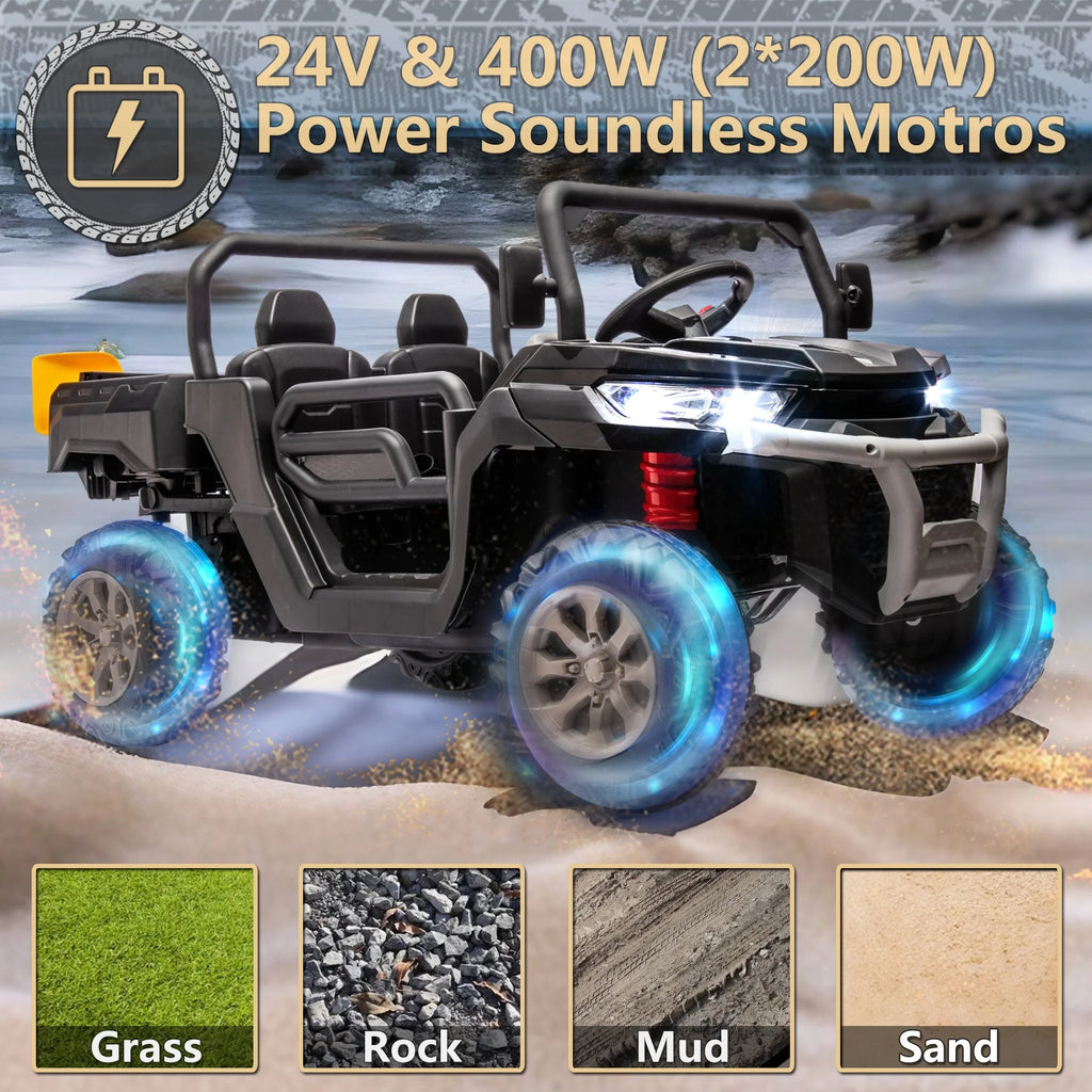 Xuanlur Voiture électrique pour enfants 24V 2 places, UTV avec moteur 2x200W, Jouet électrique 24 volts avec benne/pelle, Voiture électrique pour enfants avec pneus résistants, lumière LED, musique, télécommande, noire