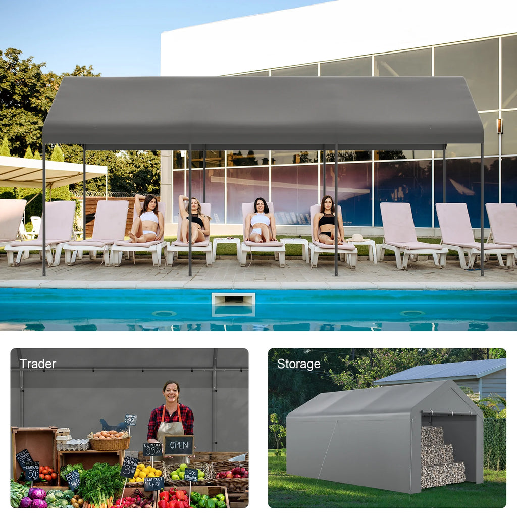 GOJOOASIS Carport, 10 x 20 Abri de voiture robuste avec paroi amovible, Garage portable en PE résistant à l'eau avec bâche toutes saisons Beige