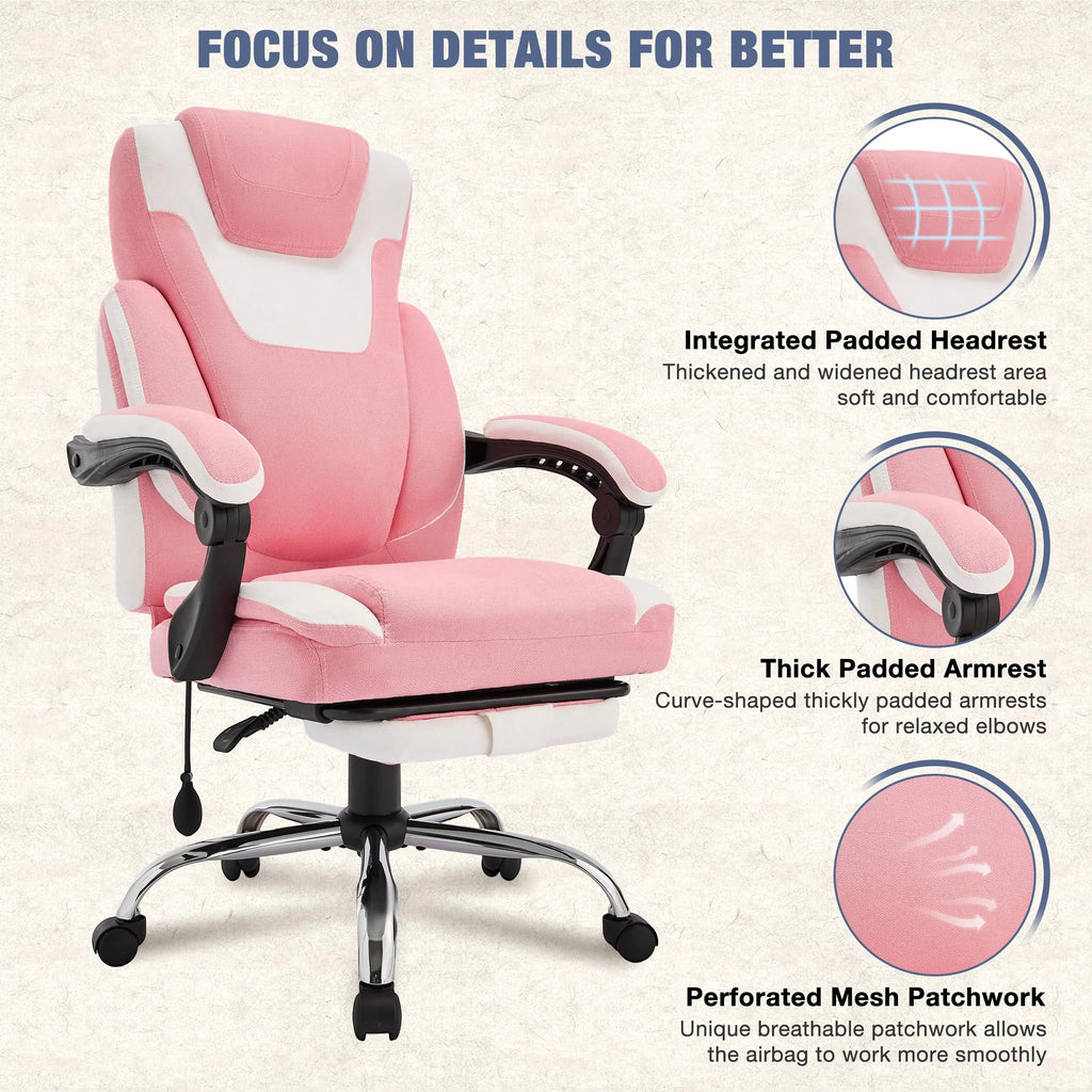 JONPONY Fauteuil de bureau Grande Taille 400lbs, Fauteuils de bureau de direction inclinables avec repose-pieds, Fauteuil de bureau à domicile à dossier haut Accoudoirs épais, Support lombaire ergonomique réglable, RoseBlanc
