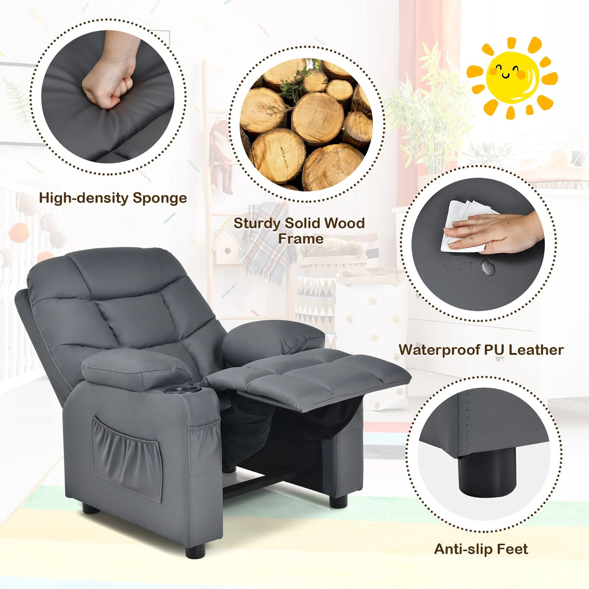 Fauteuil inclinable pour enfant et adolescent Costway en similicuir PU avec porte-gobelets et poches latérales, gris