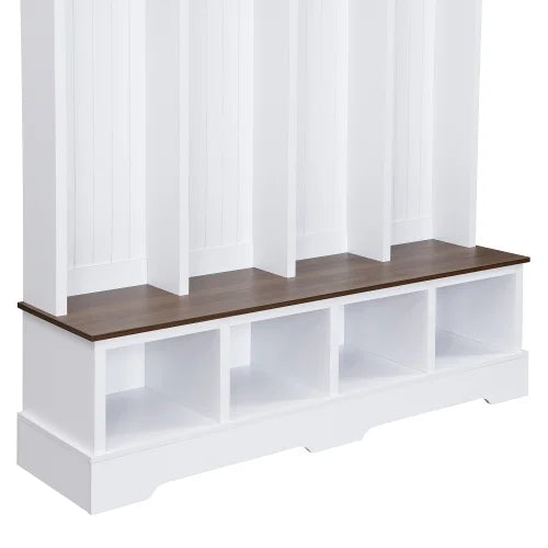 Vestiaire d’entrée style maison de campagne avec banc, meuble d’entrée de 150 cm de large avec 8 crochets et compartiments de rangement, porte-manteau moderne et banc à chaussures pour entrée, blanc