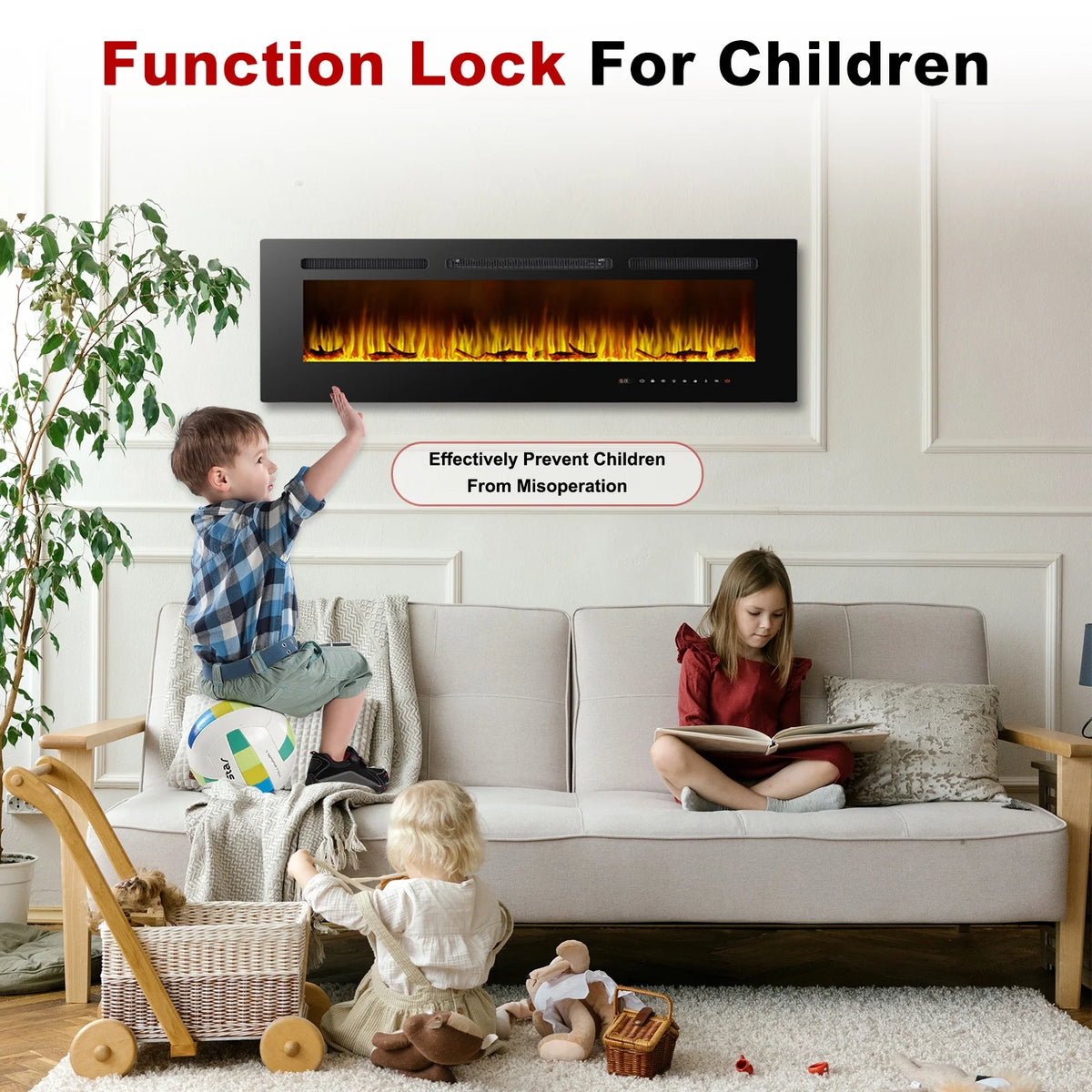 Cheminée électrique 60, cheminée encastrable ultra-fine et murale, cheminée linéaire avec minuterie, télécommande, couleur de flamme réglable, 750 w/1 500 w, noire