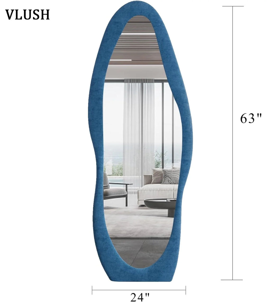 Miroir en pied irrégulier VLUSH, miroir sur pied à suspendre et à poser, miroir mural ondulé 63x24 (bleu)
