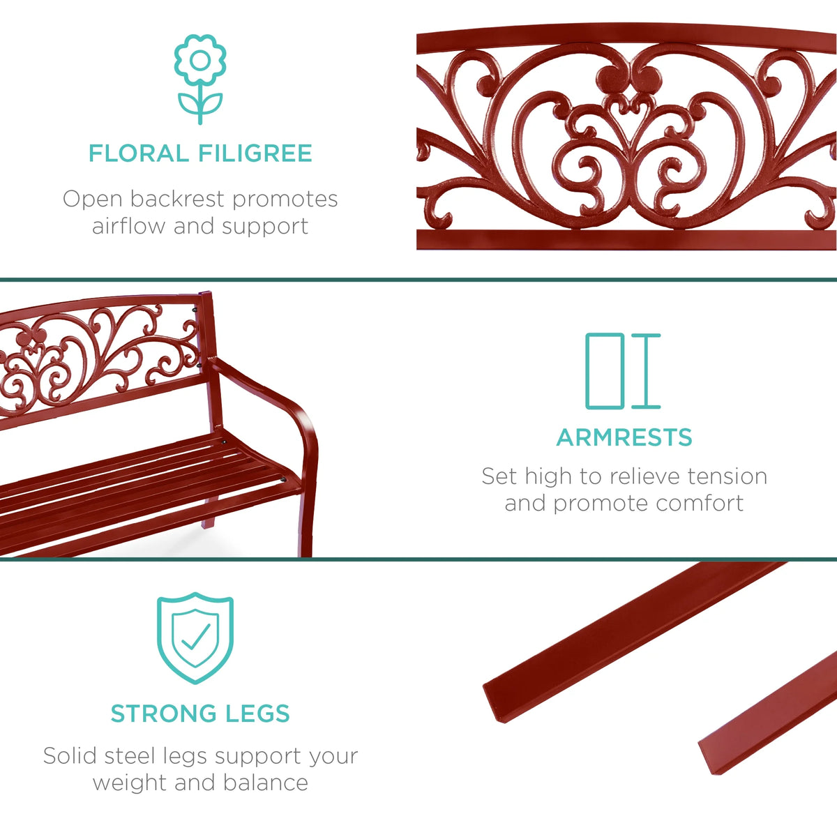 Best Choice Products Banc en Acier d'Extérieur Jardin Patio Porche Meuble avec Dossier à Motif Floral - Noir