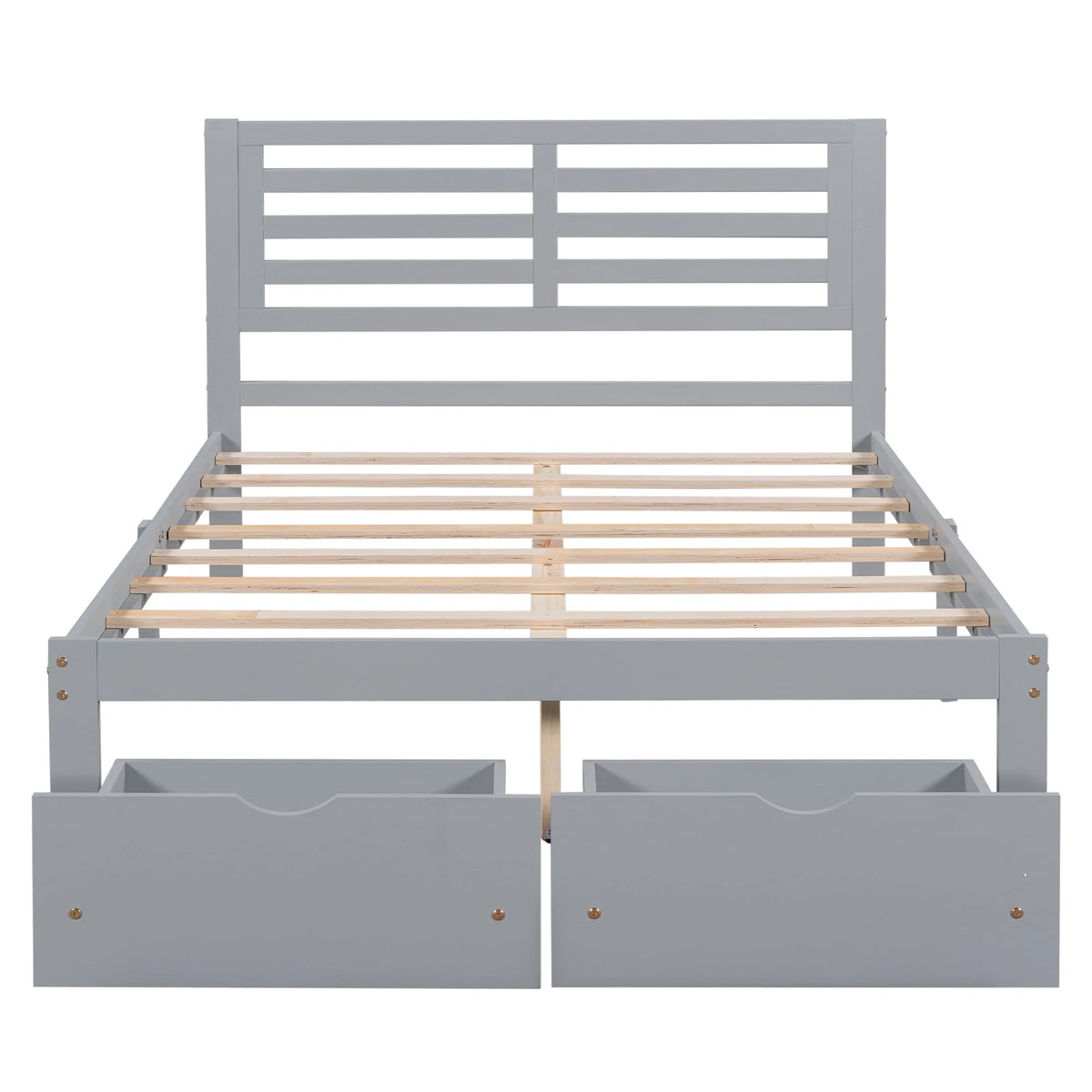Cadre de lit plateforme avec rangement et tête de lit, cadre de lit double en bois de pin pour chambre, style moderne, avec tiroirs, lattes en bois, support jusqu’à 181 kg, sans sommier requis, gris