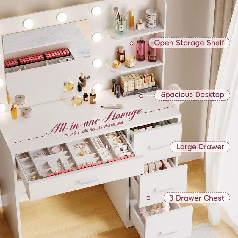Coiffeuse Lacoo avec miroir et éclairage LED, coiffeuse de maquillage avec 7 tiroirs et 4 étagères, table de toilette avec prise électrique pour chambre ou dressing, blanc