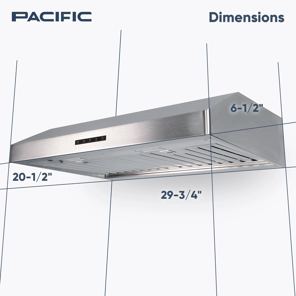 Hotte de cuisine gainable sous meuble Pacific Economy Pro 30 pouces - 850 CFM, puissante, 3 vitesses - Électrique en acier inoxydable - Ultra silencieuse, commande tactile en verre, éclairage LED 6 W PR6830AS