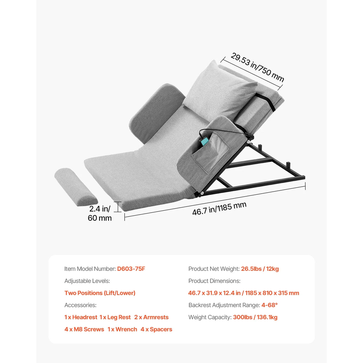 KFFKFF Dossier de lit électrique réglable, Capacité de 300 lbs, Inclinaison de 4 à 68 degrés, avec Accoudoir et Poche de rangement, Lavable en machine, Idéal pour les femmes enceintes, les personnes âgées et les patients