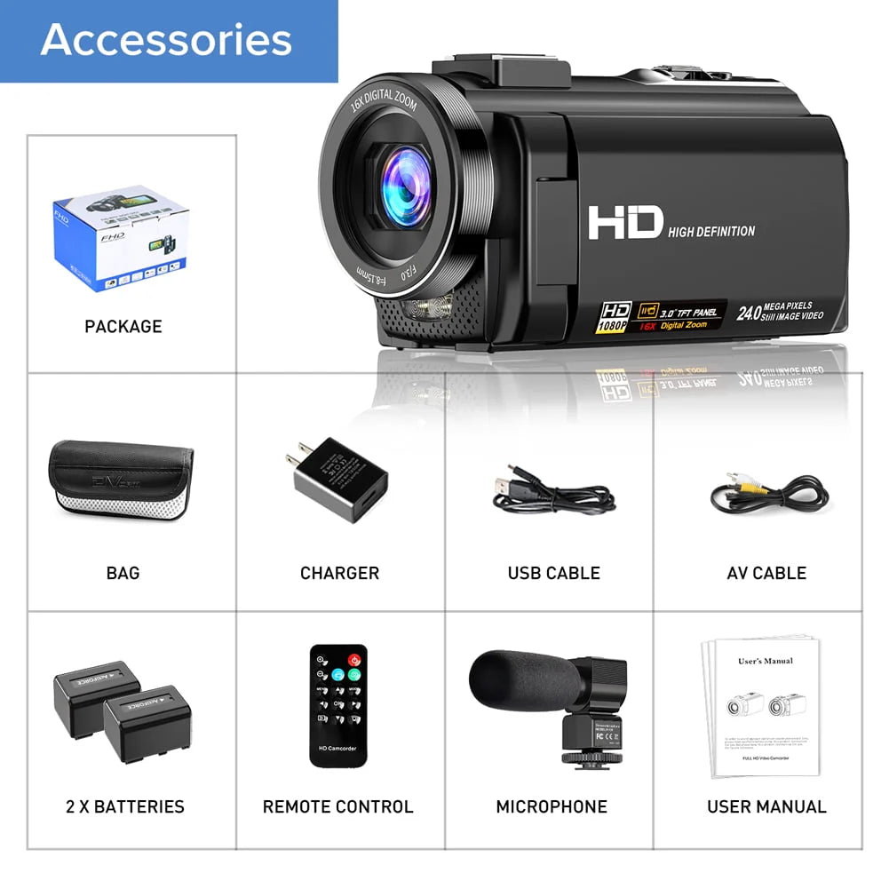 Caméra Vidéo Caméscope Caméra de Vlogging YouTube FHD 1080P 30FPS 24MP Zoom Numérique 16X Écran LCD 3 Rotatif 270 Degrés Appareil Photo Numérique Enregistreur avec Microphone,Télécommande,2 Batteries
