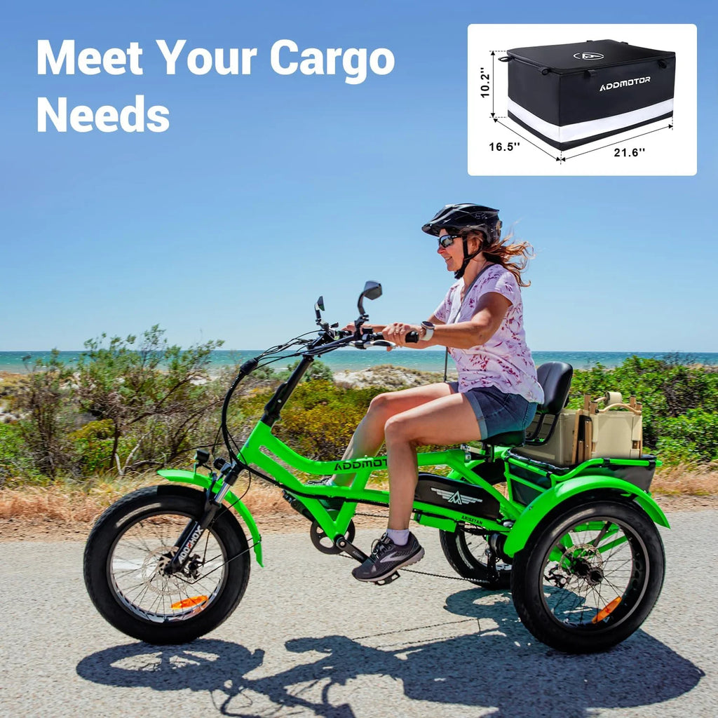 Tricycle électrique semi-allongé Addmotor M-360II, 85 mi, vélo électrique à 3 roues avec pneus larges pour adultes, tricycle électrique 750 W 48 V 20 Ah pour seniors, 20 pouces, avec différentiel de vitesse, vert