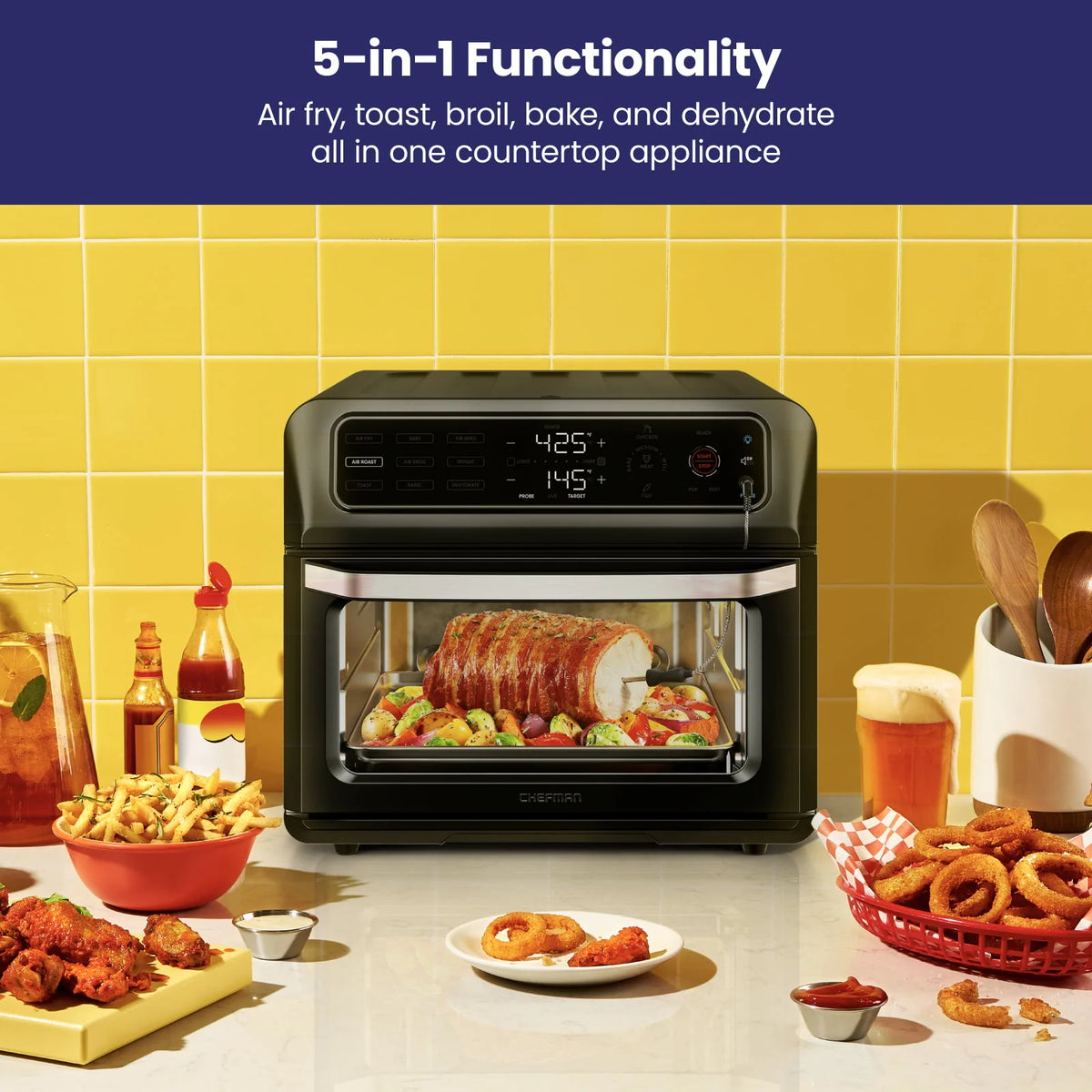Four combiné friteuse à air Chefman 12-en-1 avec thermomètre à sonde, capacité de 20 pintes, acier inoxydable noir