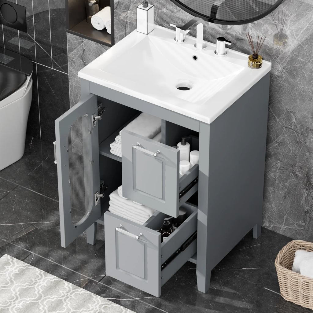 Meuble-lavabo Soges 24 avec vasque en céramique, meuble de toilette en bois massif avec porte, étagère réglable et 2 tiroirs, ensemble lavabo simple autoportant pour petite salle de bains, blanc