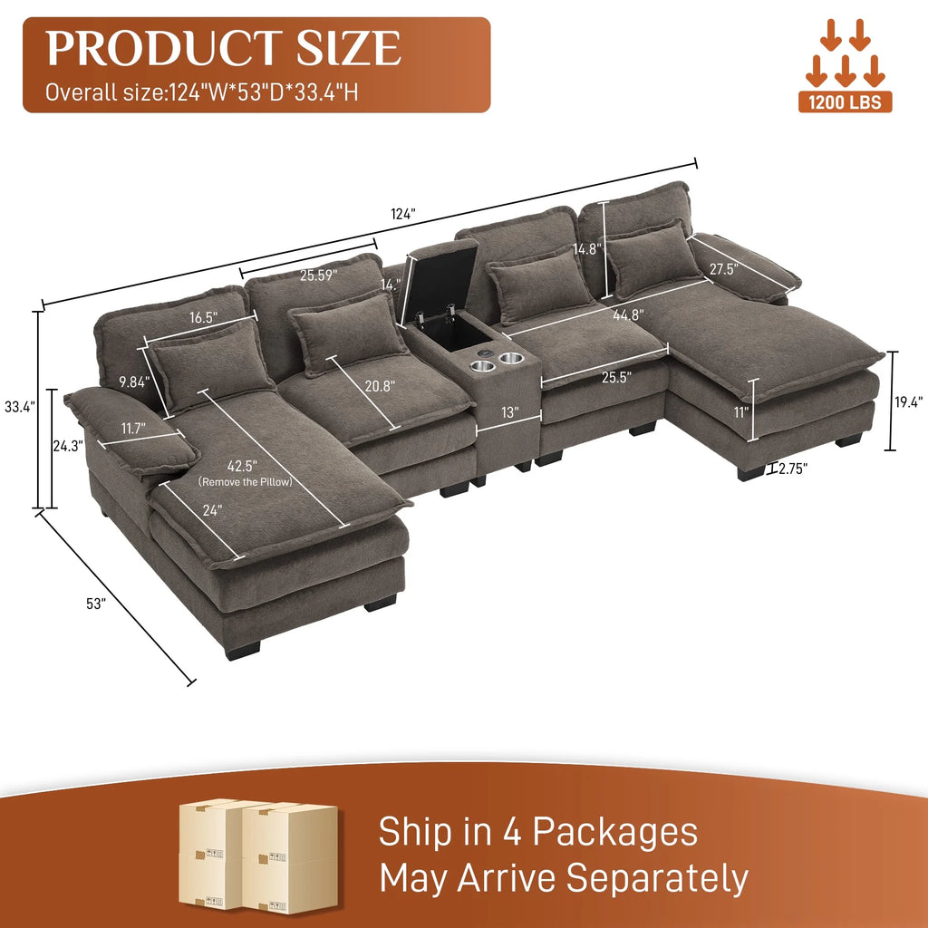 Canapé modulable en U Wiilayok Cloud Couch, méridienne double extra profonde de 124 cm en chenille duveteuse, console centrale avec ports USB-C et A doubles, gris tempête