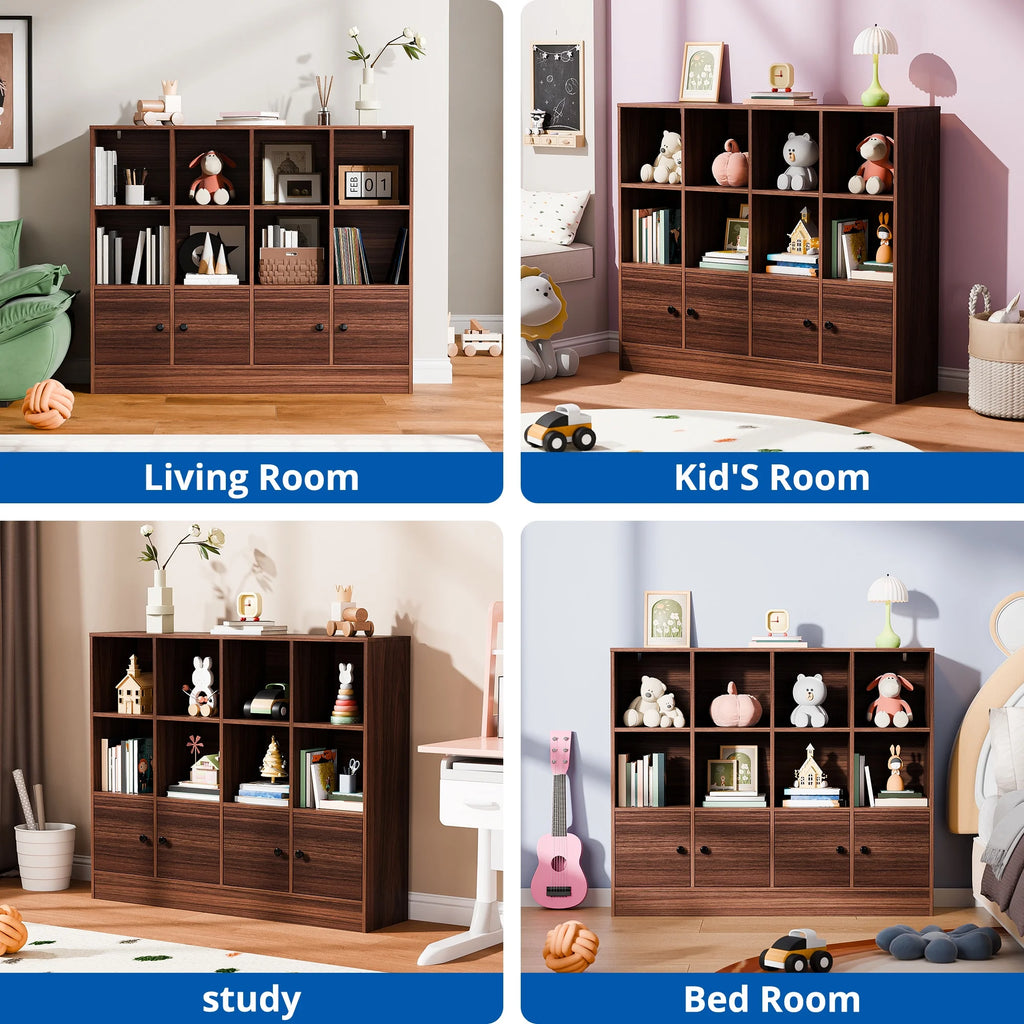 Bibliothèque ouverte à 3 niveaux Cozy Castle avec 12 cubes et 4 portes, étagères réglables, blanche