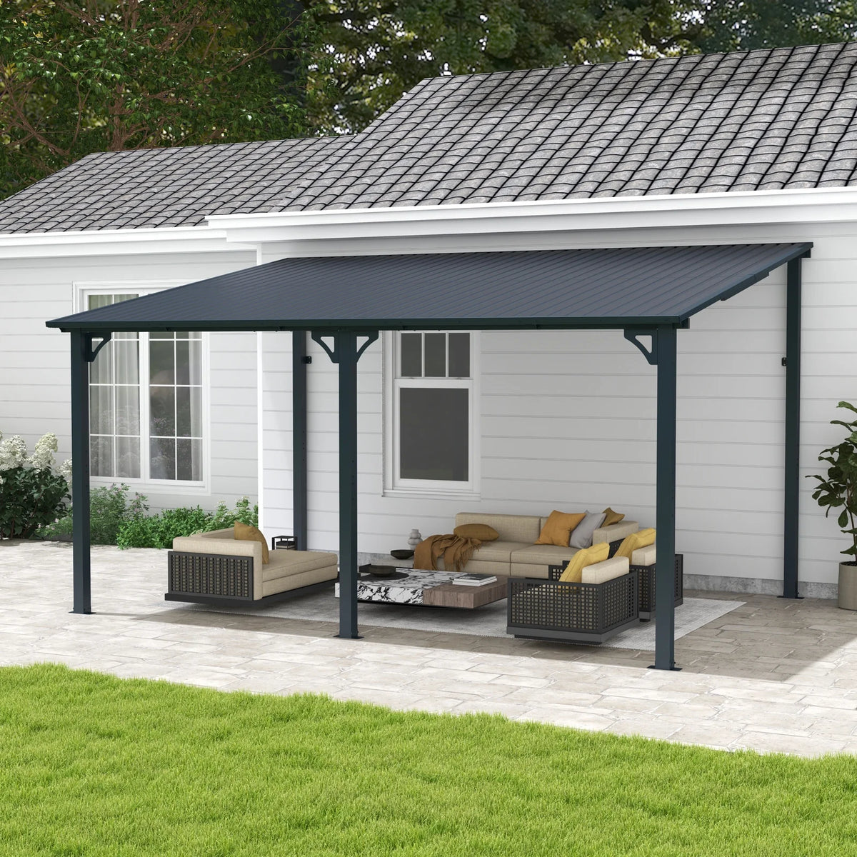 Tonnelle Pergola d'Extérieur 8' x 10', Tonnelles à Auvent Adossé, Pergola en Métal Robuste à Toit Rigide, pour Patio, Jardin, Terrasses, Bord de Piscine