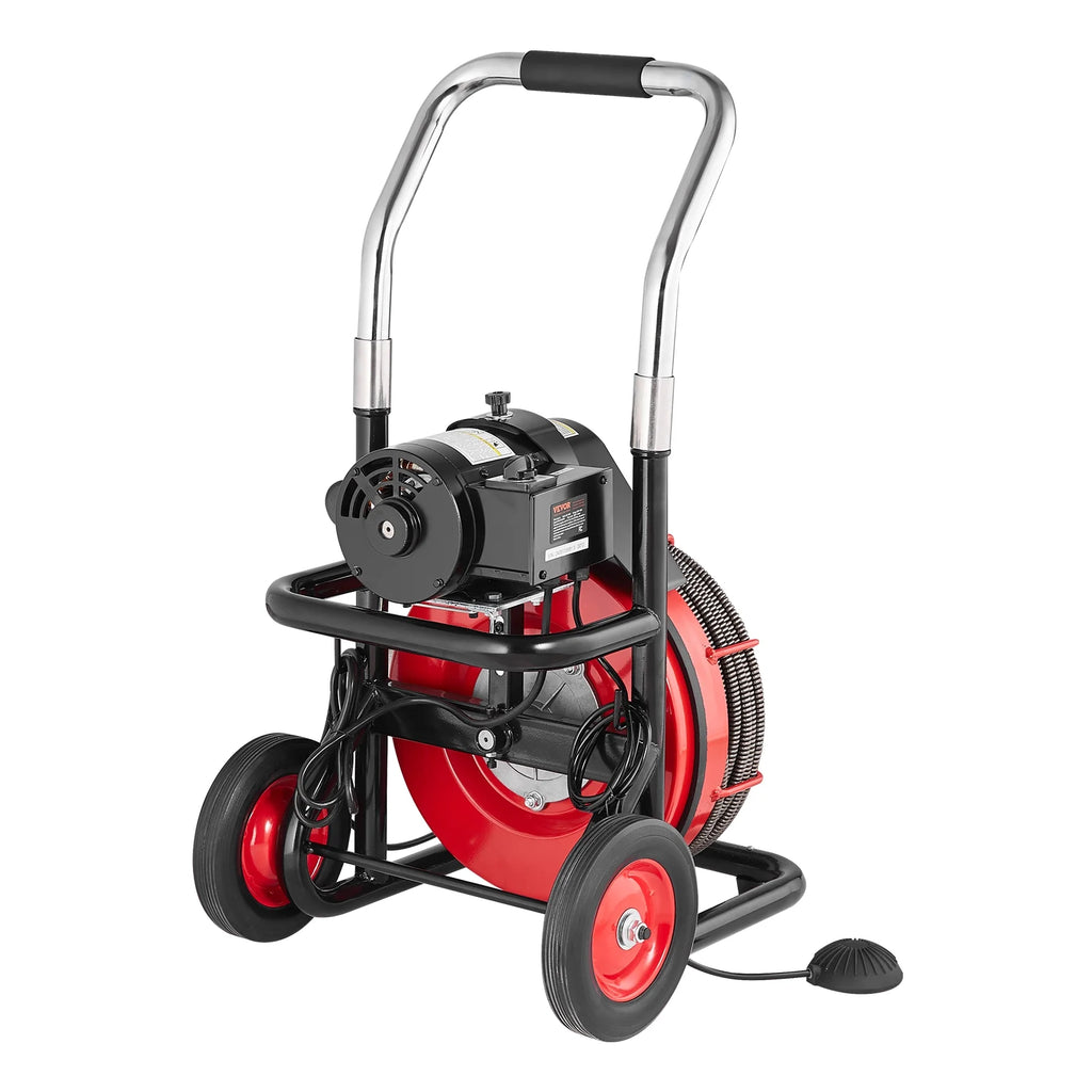 Déboucheur de canalisations VEVOR 30,5 m x 1/2 pouce, furet de canalisation automatique sur roulettes, machine portable de 550 W avec 8 coupe-racines et pédale de commande à air pour 2 à 4 canalisations