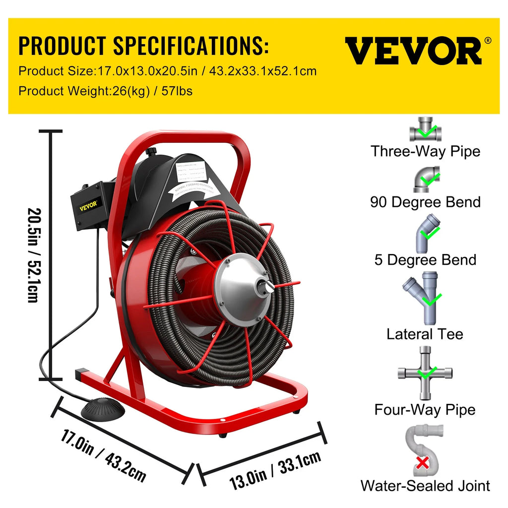 Machine de débouchage VEVORbrand 75 pi x 3/8 po, électrique 250 W, pour 1 à 4 tuyaux, avec foret, coupe-racines et gant