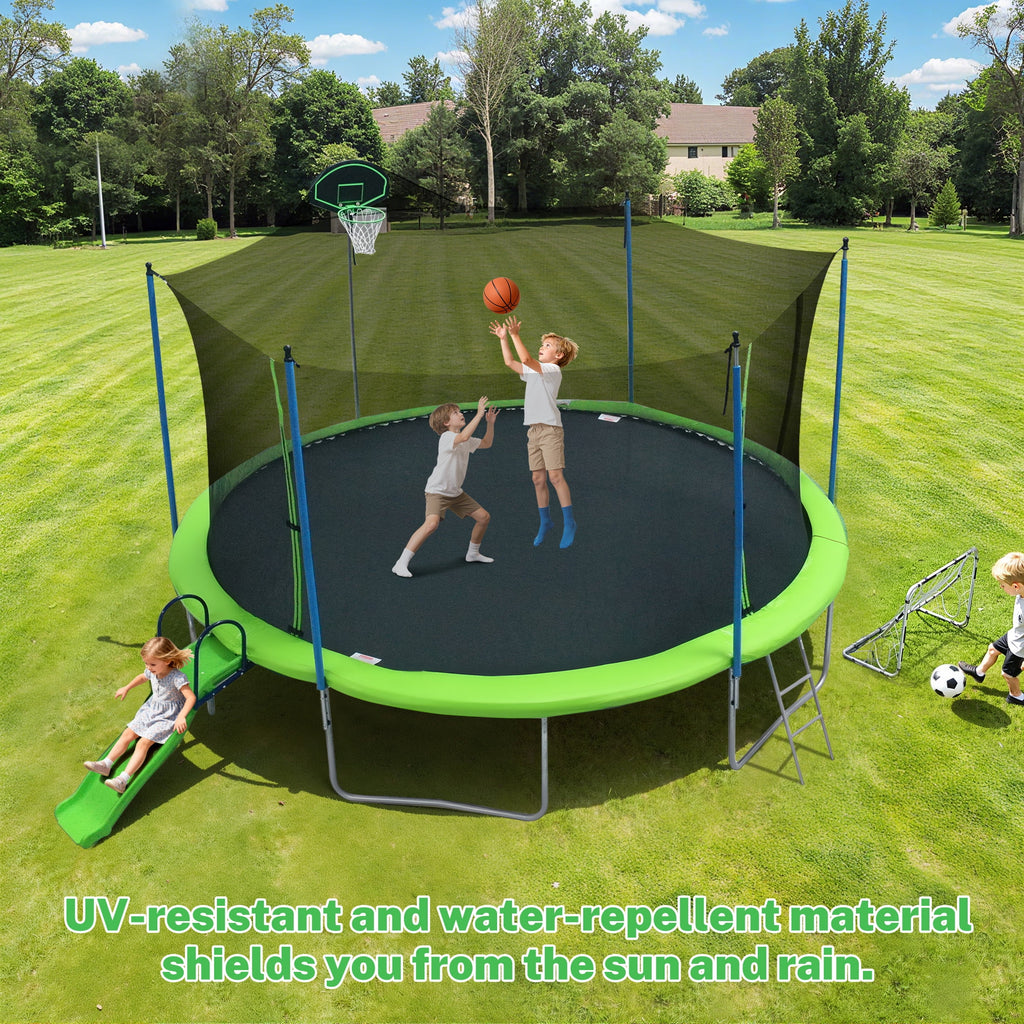 Trampoline de 12 pieds avec toboggan, balançoires, trampoline récréatif SEGMART avec panier de basket et échelle, trampoline d’extérieur robuste pour jardin avec filet pour enfants et adultes, vert