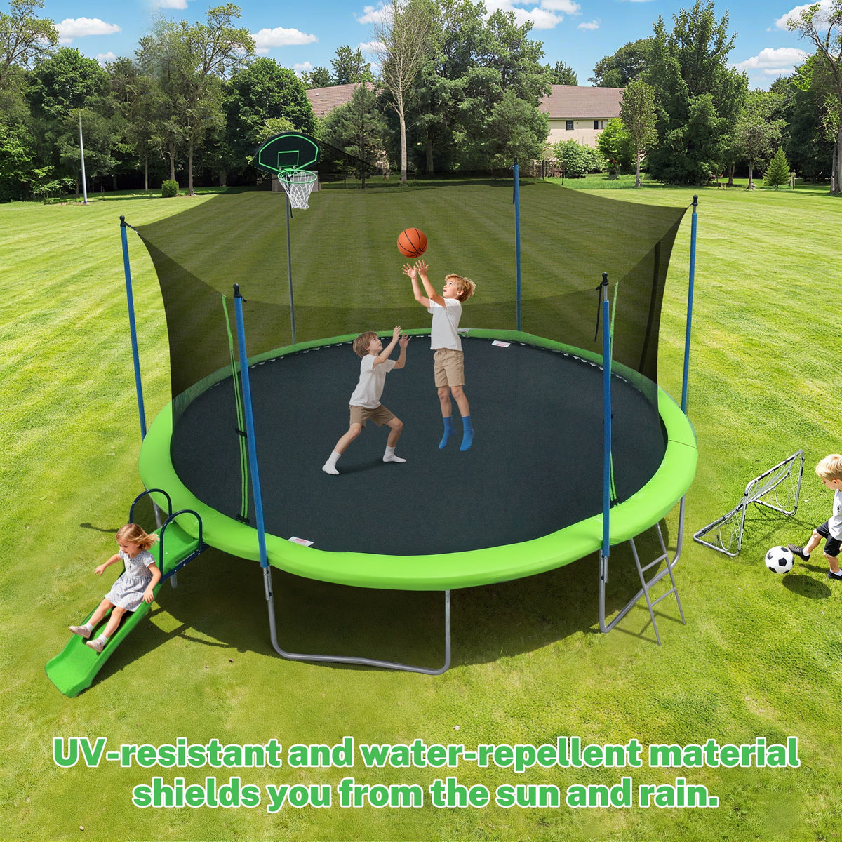 Trampoline de 12 pieds avec toboggan, balançoires, trampoline récréatif SEGMART avec panier de basket et échelle, trampoline d’extérieur robuste pour jardin avec filet pour enfants et adultes, vert