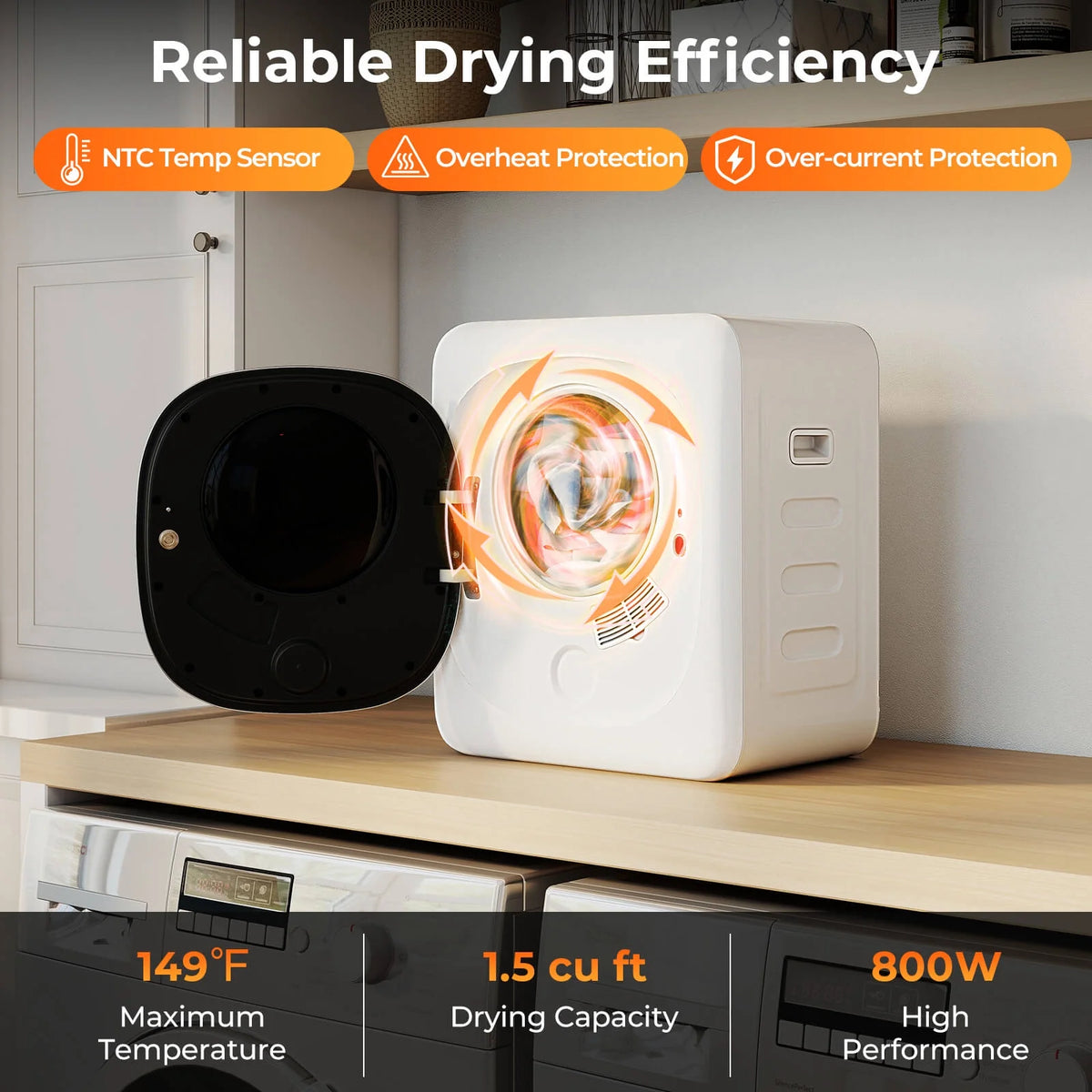 Sèche-linge compact électrique Costway 800 W de 1,5 pi³, avec tambour en acier inoxydable et 5 programmes