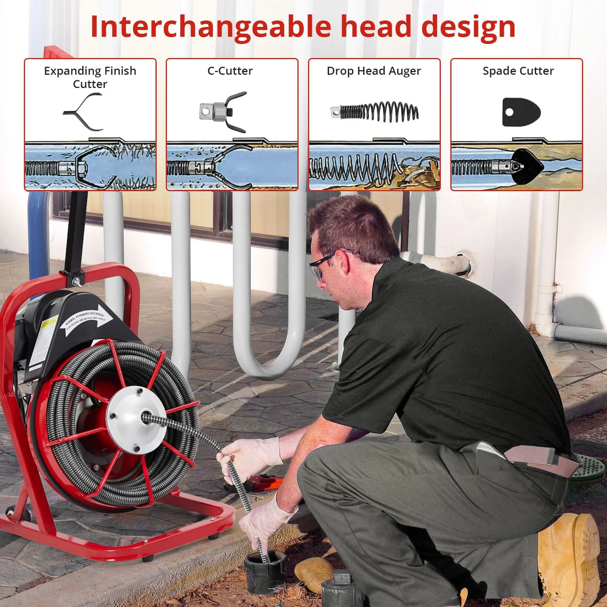 Machine de débouchage Roromall 50 pi/75 pi/100 pi x 3/8 po/1/2 po, furet électrique pour égouts avec 4 coupe-racines, pédale de commande à air, gants