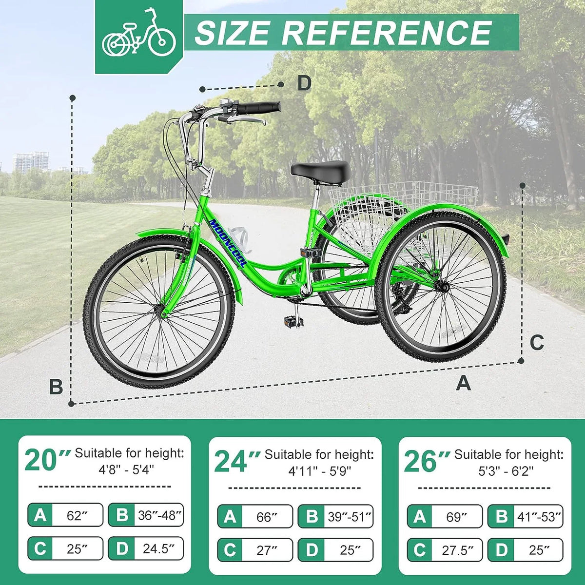 Tricycles pour adultes MOONCOOL avec panier arrière et pompe à pied, vélos à 3 roues 7 vitesses de 24 et 26 pouces, vélo à trois roues pour adultes avec dossier pour seniors, femmes et hommes