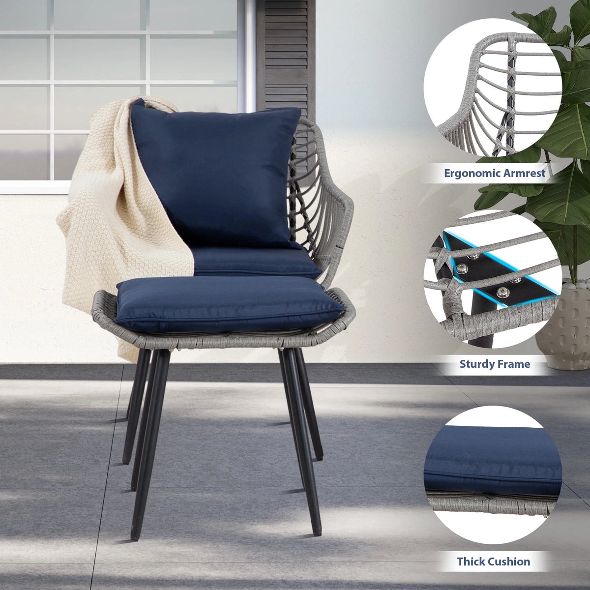 Salon de jardin Ainfox 7 pièces en promotion, canapé en rotin gris avec coussins gris