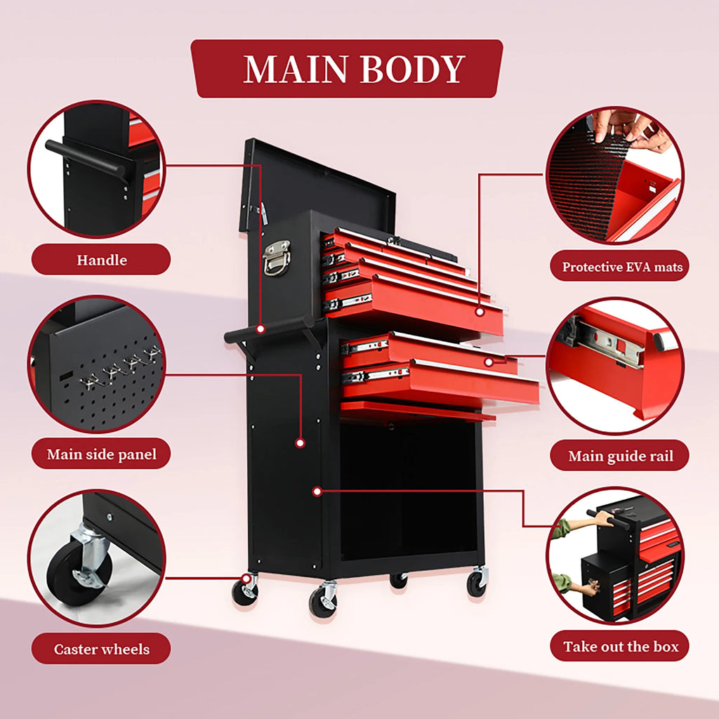 Seizeen 2-EN-1 Coffre et armoire à outils, grand organisateur de boîte à outils sur roulettes à 8 tiroirs de grande capacité, verrouillable, noir