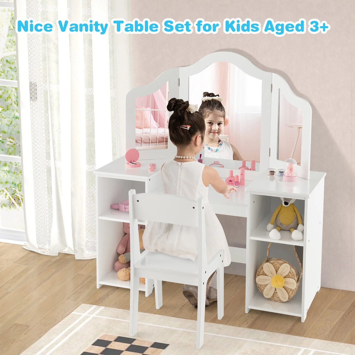 Coiffeuse pour enfant Gymax 2 en 1 Ensemble maquillage princesse avec chaise et miroir pliant sécurisé Blanc