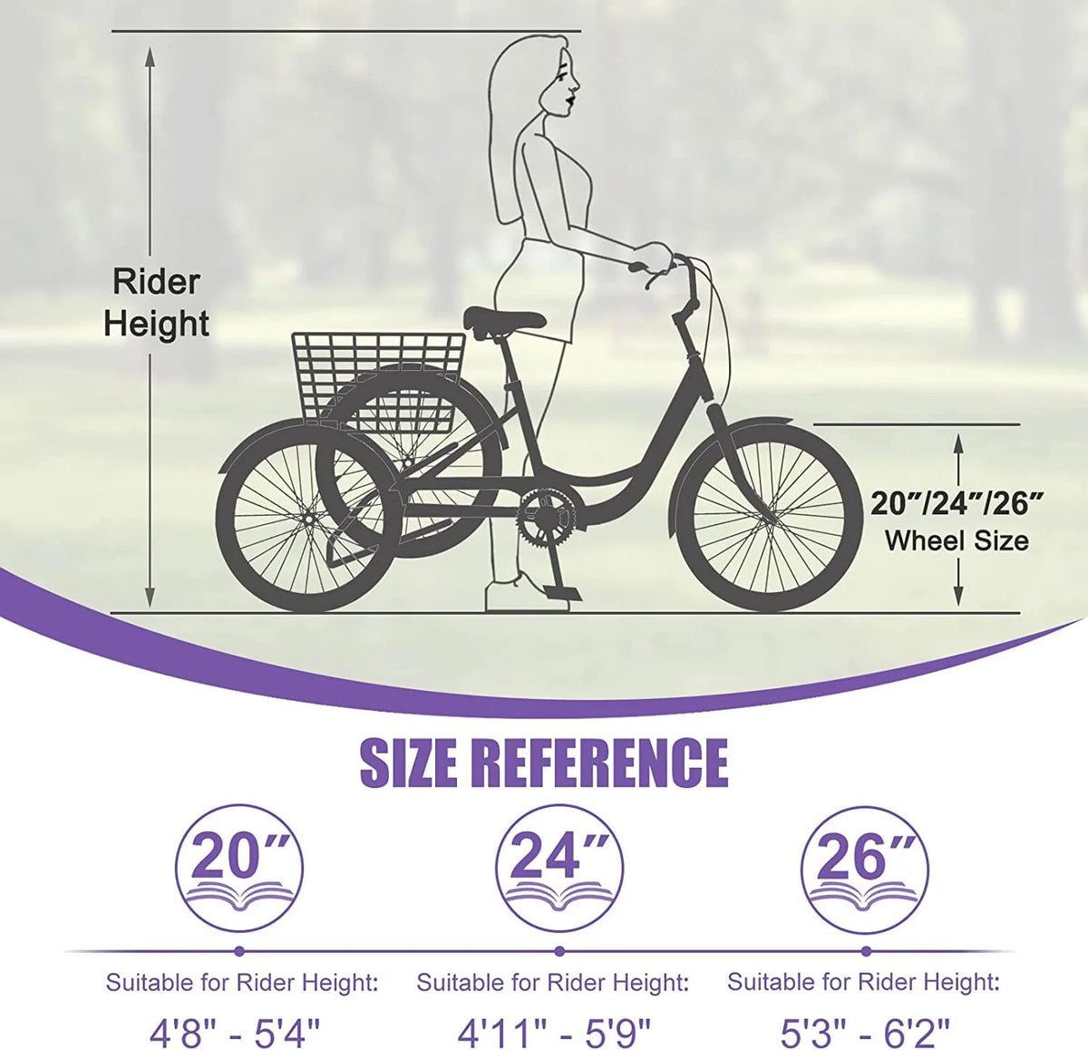Tricycles pour adultes MOONCOOL avec panier arrière et pompe à pied, vélos à 3 roues 7 vitesses de 24 et 26 pouces, vélo à trois roues pour adultes avec dossier pour seniors, femmes et hommes